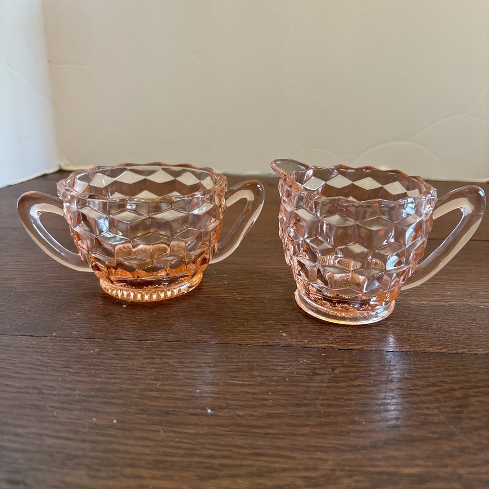 Vintage Pink Depression Glass Creamer and Sugar Bowl Cube Cubist Jeanette